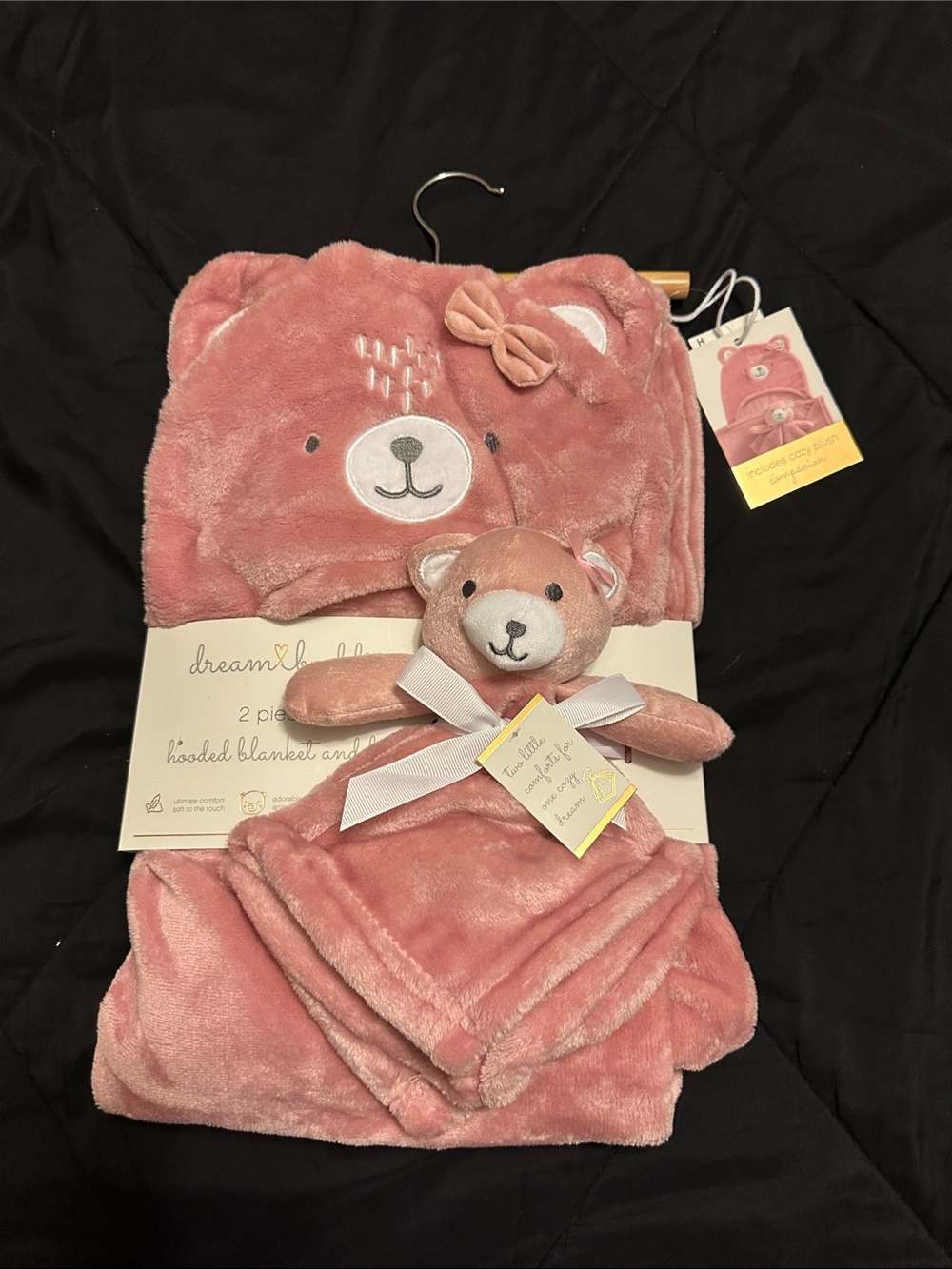 Dreamhold Pink Bear Hooded Baby Blanket & Plush Set - Soft Hooded Robe Style